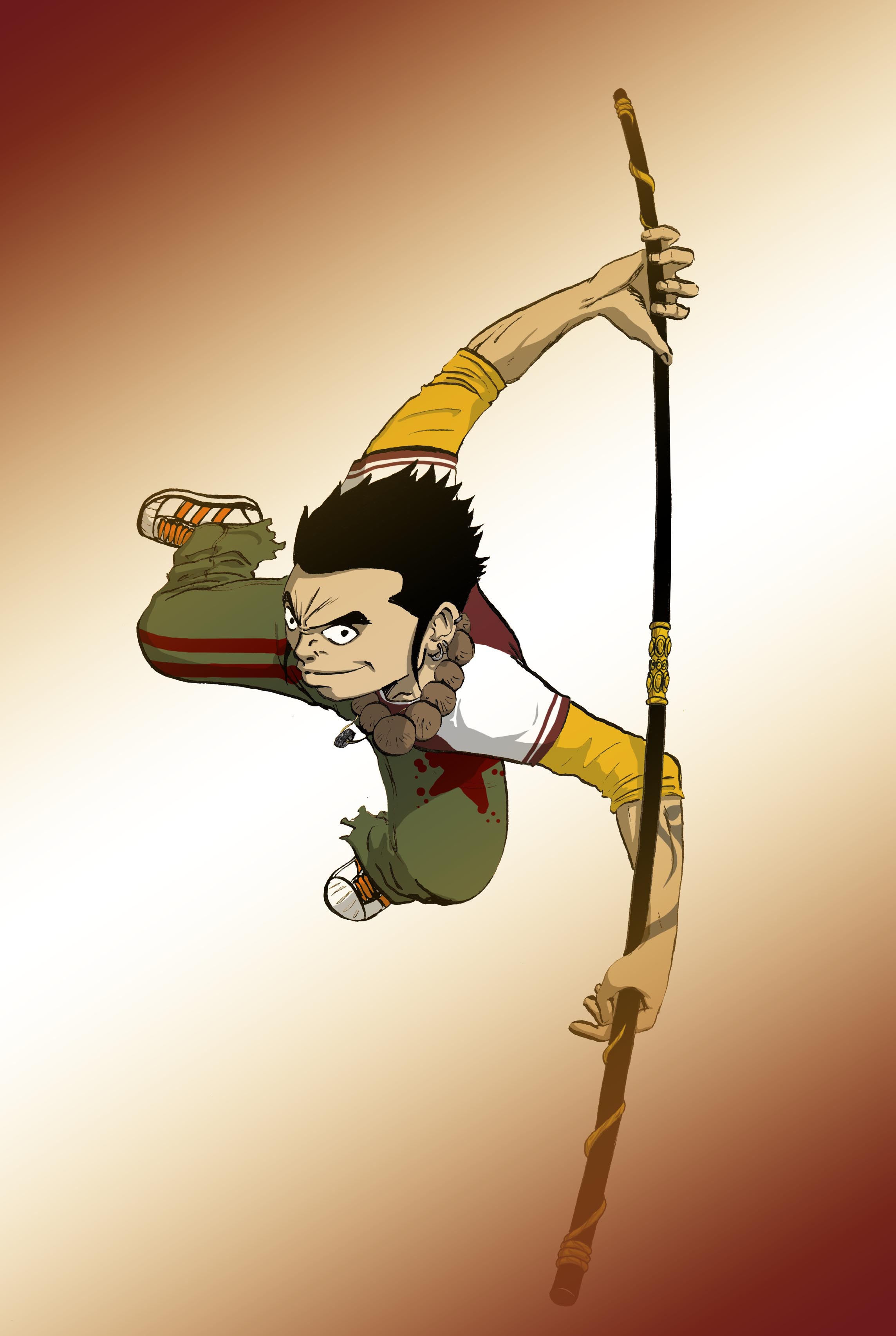 personnage suspendu en l'air avec un baton